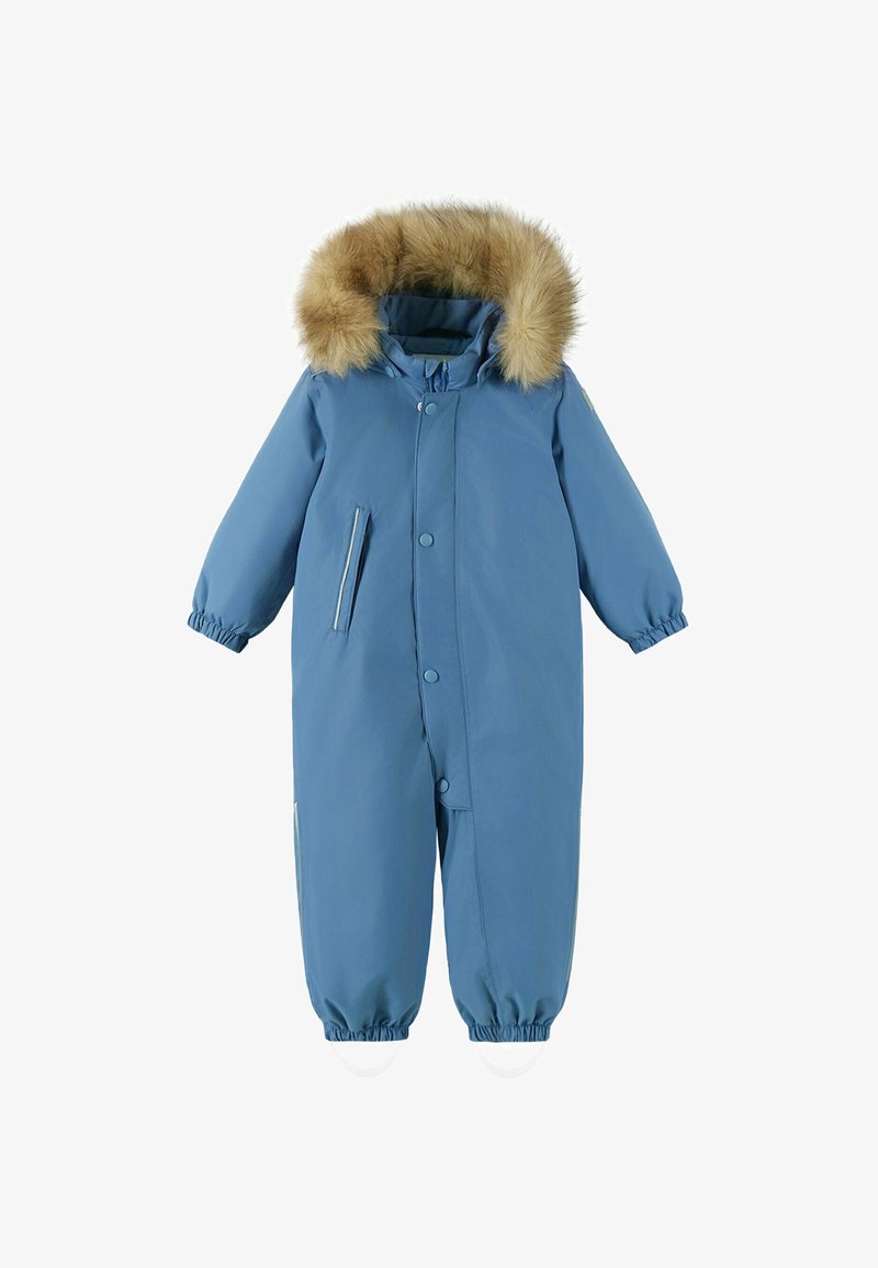 Niebieski, izolowany, jednoczęściowy kombinezon narciarski z kapturem z sztucznego futra, elastycznymi mankietami, bocznymi kieszeniami i zapięciem na napy z przodu. Gładki, wodoodporny materiał.