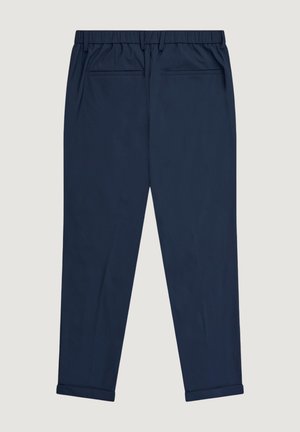 Tmavě modré zúžené kalhoty s elastickým pasem, dvěma zadními kapsami s lemováním a ohrnutými lemy.