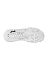 Witte sneakersole met een hexagonaal loopvlakpatroon, textuur voor grip, met merknamen aan de zijkanten en een gladde neus.