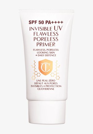White tube with a flip cap, marked "SPF 50 PA+++++" and "Invisible UV Flawless Poreless Primer," featuring a gold shield and molecular graphics.