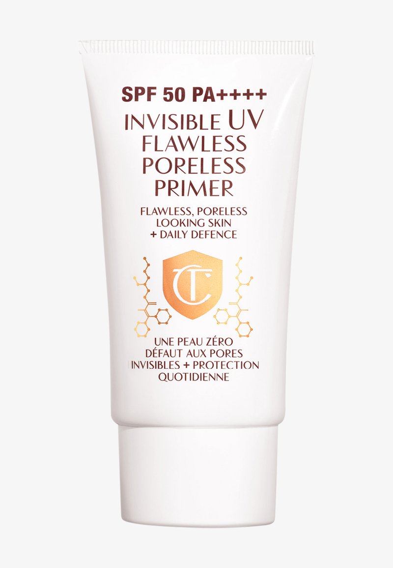 Weißer Tube mit Klappdeckel, beschriftet mit "SPF 50 PA+++++" und "Invisible UV Flawless Poreless Primer", mit einem goldenen Schild und molekularen Grafiken.