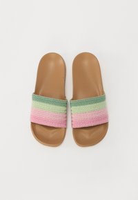 Flat slide sandals with a tan synthetic sole. The strap features a multicolored woven design in pink, green, and cream.