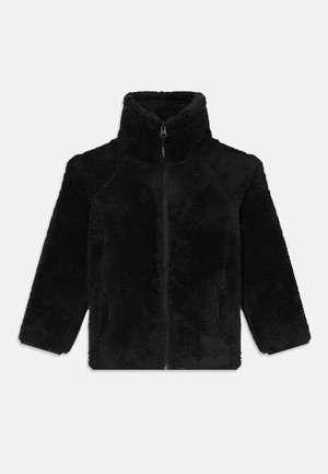 Giacca in pile nera con colletto alto, zip completa e maniche raglan. Presenta due tasche laterali e tessuto testurizzato.