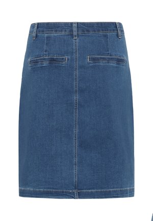 Tummansininen farkkuhame, jossa on vartalonmyötäinen malli, kaksi takataskua ja tikkausdetailit helman ja saumojen kohdalla.