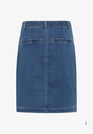 Tummansininen farkkuhame, jossa on vartalonmyötäinen malli, kaksi takataskua ja tikkausdetailit helman ja saumojen kohdalla.