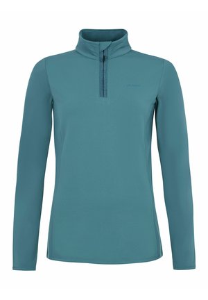 Tirkizni dugi rukav pulover s ovratnikom na četvrtinu zatvarača, mekanim materijalom, ravnim šavovima i minimalističkim dizajnom s logotipom na prsima.