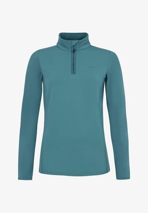 Tyrkysový pulover s dlouhým rukávem a čtvrtinovým zipem, vyrobený z měkké tkaniny, s plochými švy a minimalistickým designem, který zahrnuje logo na hrudi.