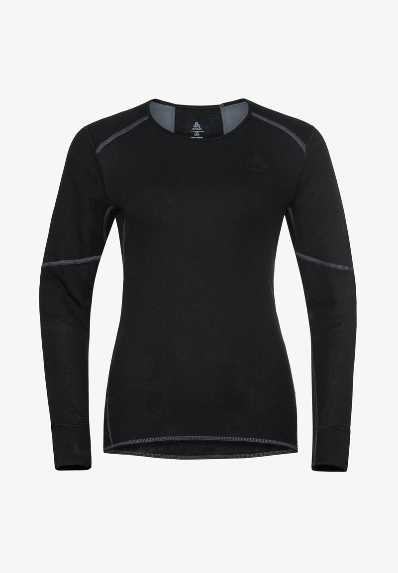 Black long-sleeve shirt made of smooth material, featuring gray stitching accents and a round neckline. Minimalist design, fitted shape.