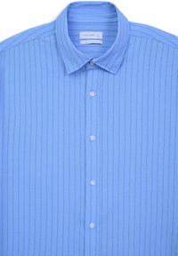 Hellblau gestreiftes Button-up-Hemd aus einem glatten Stoff. Verfügt über einen klassischen Kragen und Einknopf-Manschetten mit Kunststoffknöpfen.