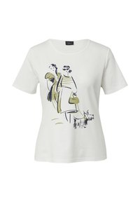 Witte katoenen t-shirt met een kleurrijke grafische print van twee figuren en een hond, met groene en marineblauwe accenten. Korte mouwen en ronde halslijn.