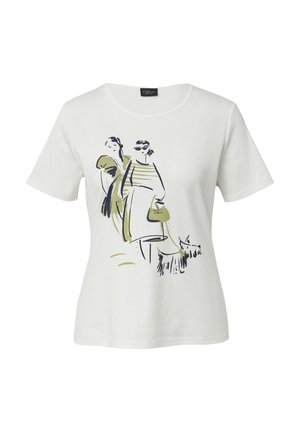 Witte katoenen t-shirt met een kleurrijke grafische print van twee figuren en een hond, met groene en marineblauwe accenten. Korte mouwen en ronde halslijn.