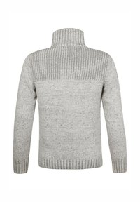 Gestrickter Pullover in Hellgrau mit hohem Kragen. Verfügt über ein geripptes Muster am Kragen und am Saum, mit gesprenkelten Details überall.