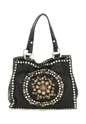 Borsa in pelle nera con due manici, decorata con motivi circolari di borchie dorate, argentate e perlacee e piccoli abbellimenti a forma di fiore.