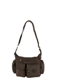Braune Stoff-Schultertasche mit mehreren Reißverschluss- und Knopftaschen, verstellbarem Tragegurt und Logo-Patch. Weiche Textur mit einem lässigen Design.