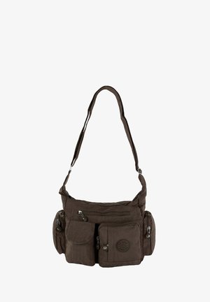 Bruine stoffen schoudertas met meerdere ritssluitingen en knoopzakken, verstelbare schouderband en logo-opdruk. Zachte textuur met een casual ontwerp.