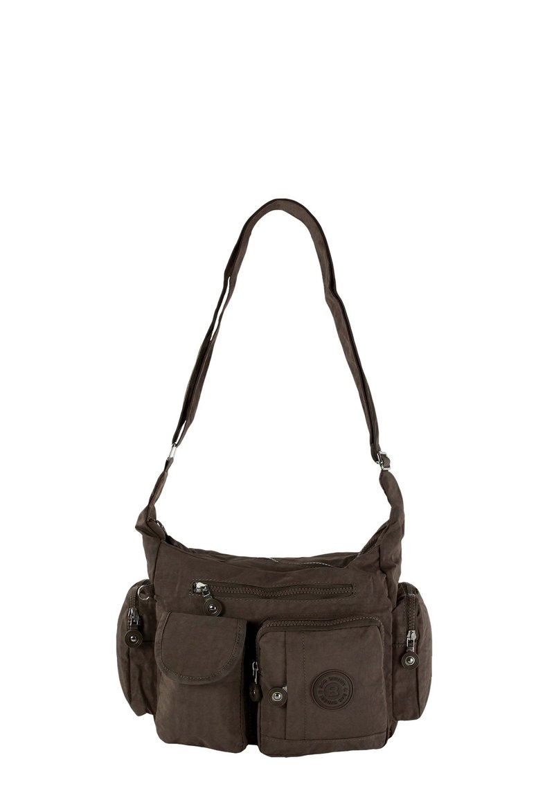 Braune Stoff-Schultertasche mit mehreren Reißverschluss- und Knopftaschen, verstellbarem Tragegurt und Logo-Patch. Weiche Textur mit einem lässigen Design.
