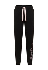 Schwarze Sweatpants mit tailliertem Design, elastischem Bund und pinkem Kordelzug. Mit einem weißen und pinken Logo, das an der Seite aufgedruckt ist.