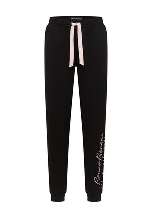 Zwarte sweatpants met een taps toelopend ontwerp, elastische tailleband en een roze trekkoord. Bevat een wit en roze logo gedrukt aan de zijkant.