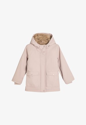 Veste imperméable rose pâle avec une capuche doublée en fausse fourrure, fermeture à boutons pressions à l'avant et deux poches à rabat sur le devant. Texture douce et coupe décontractée.