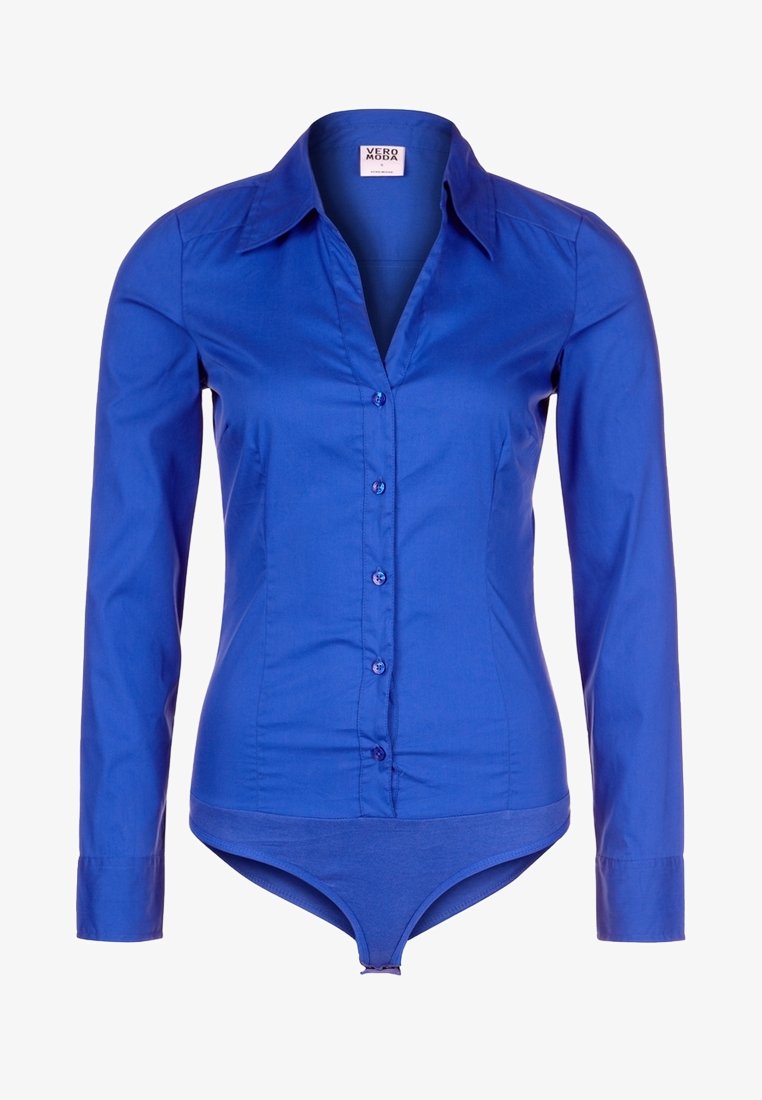 Chemise bleue à manches longues avec boutonnage sur le devant, col et bas en body. Tissu lisse avec une coupe ajustée et boutons assortis.