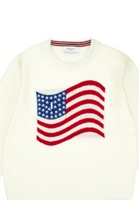 White sweater featuring a knitted design of the U.S. flag in red, white, and blue. Round neckline with red and navy striped accents.