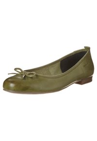 Green leather ballet flat with a rounded toe, small bow detail at the front, and a short, stacked heel. Smooth finish with a subtle shine.