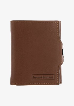 Braune Lederbörse mit sichtbaren Nähten, gefaltetem Design und geprägtem "bruno banani"-Logo in der unteren rechten Ecke.
