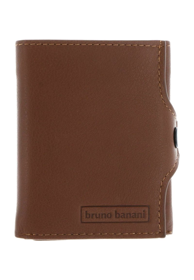 Brown leather wallet with visible stitching, folded design, and embossed "bruno banani" logo on front bottom right corner.