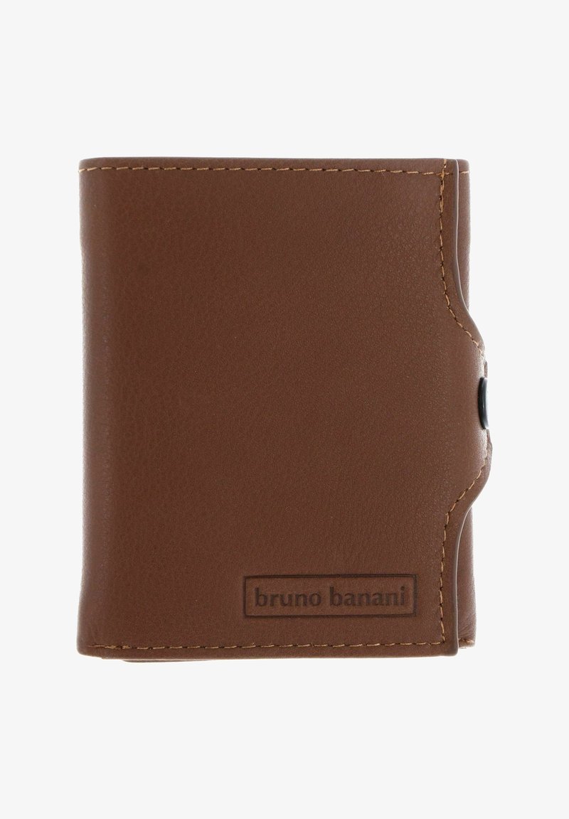 Brown leather wallet with visible stitching, folded design, and embossed "bruno banani" logo on front bottom right corner.
