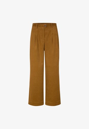 Weit geschnittene, hoch taillierte Hose in einem warmen Braunton. Hergestellt aus weichem Stoff mit einer strukturierten Oberfläche, versehen mit vorderen Falten und einem Knopfverschluss.