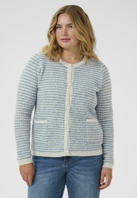 Blue and white striped cardigan in soft knit fabric, featuring a round neckline, button front, and two front pockets.