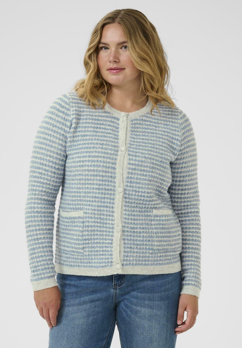 Blue and white striped cardigan in soft knit fabric, featuring a round neckline, button front, and two front pockets.
