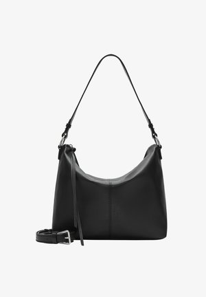Borsa a spalla in pelle nera con forma curvata, tracolla regolabile e dettagli di cucitura discreti. Presenta una chiusura con zip e un design elegante.