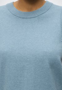 Άτομο που φορά ανοιχτό γαλάζιο πουλόβερ με στρογγυλή λαιμόκοψη, εμφανίζεται από τους ώμους μέχρι το πάνω μέρος του στήθους σε ουδέτερο φόντο.