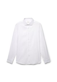 Camicia bianca a maniche lunghe con bottoni, realizzata in cotone liscio. Presenta un colletto classico, chiusure con bottoni e polsini ripiegati, senza motivi o decorazioni.