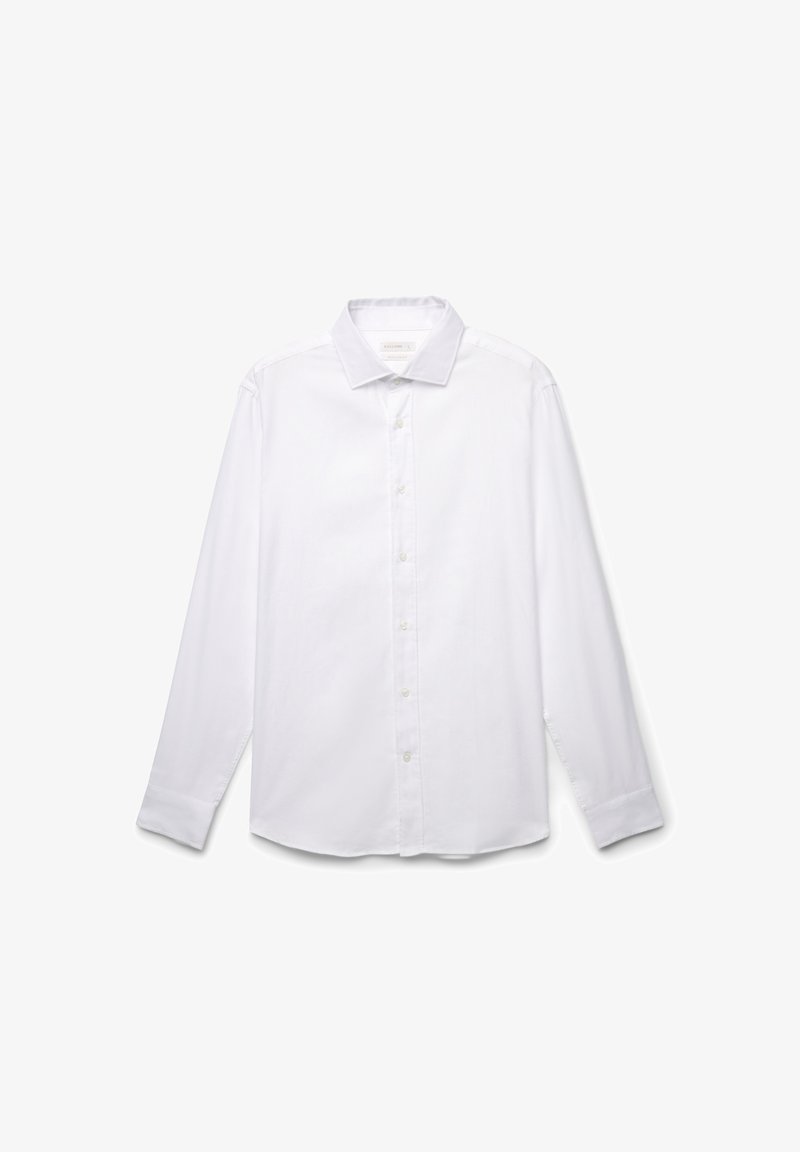 Camicia bianca a maniche lunghe con bottoni, realizzata in cotone liscio. Presenta un colletto classico, chiusure con bottoni e polsini ripiegati, senza motivi o decorazioni.