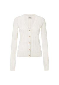 Cardigan bianco a coste con maniche lunghe, scollatura a V e cinque bottoni dorati sulla parte anteriore. Realizzato in tessuto a maglia. Design semplice e strutturato.