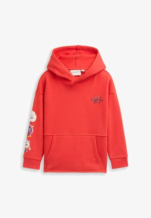 Rode hoodie met een kangoeroezak, ribgebreide manchetten en een afbeelding van kleurrijke cartoonfiguren op de linker mouw. Zacht materiaal.