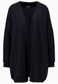 Black oversized open-front cardigan with long sleeves and ribbed cuffs, made of soft fabric, size small.