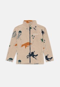Giacca in pile beige con zip frontale, colletto alto, stampe di creature marine in blu navy e arancione, e logo "Didriksons" sul petto.