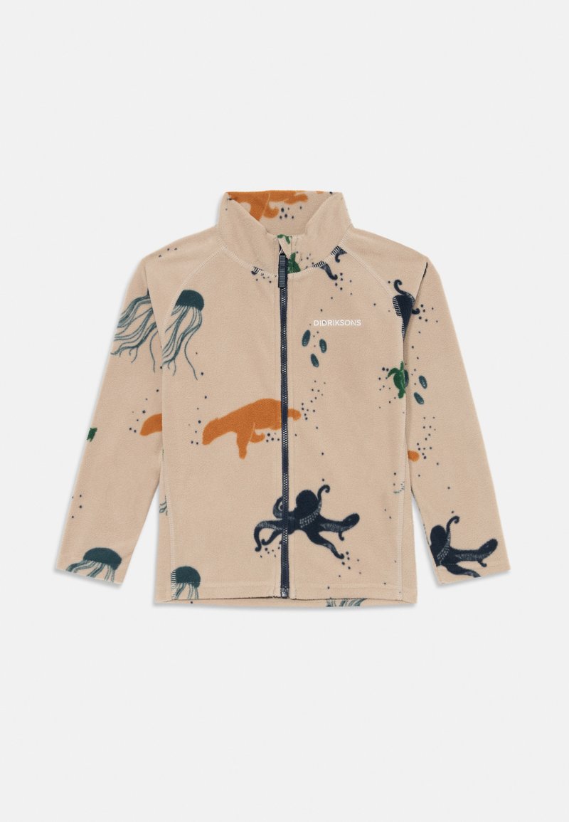 Giacca in pile beige con zip frontale, colletto alto, stampe di creature marine in blu navy e arancione, e logo "Didriksons" sul petto.