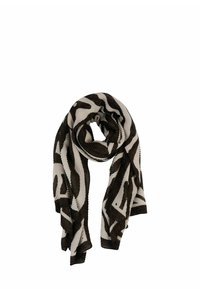 Sciarpa intrecciata con un motivo a strisce di zebra in bianco e nero, realizzata in tessuto testurizzato. Misura circa 200 cm di lunghezza.