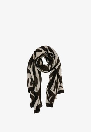 Sciarpa intrecciata con un motivo a strisce di zebra in bianco e nero, realizzata in tessuto testurizzato. Misura circa 200 cm di lunghezza.