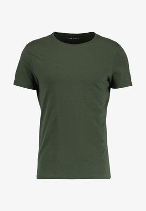 Mørkegrøn bomulds T-shirt med klassisk rund halsudskæring, korte ærmer og en glat overflade. Enkel, udekoreret design.