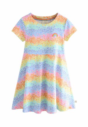 Kurzes Kleid aus weichem Stoff, mit einem mehrfarbigen Muster von Leopardenflecken in pastel Farben und einer kleinen Regenbogen-Stickerei.