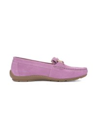 Lilac suede moccasin with a rounded toe, decorative stitching, and a small gold-tone accent. Flexible tan rubber sole for comfort.