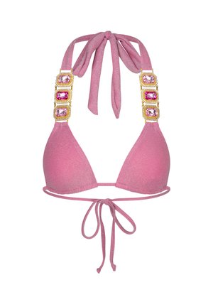 Rosa dreieckiger Bikini-Oberteil mit glitzernder Textur, ausgestattet mit goldenen Verzierungen und großen lila Edelsteinakzenten an den Trägern, die am Hals gebunden sind.