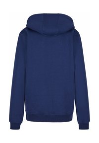 Felpa con cappuccio blu navy in tessuto morbido, caratterizzata da un ampio cappuccio, maniche lunghe e polsini e orlo a costine. Design pulito senza grafiche visibili.