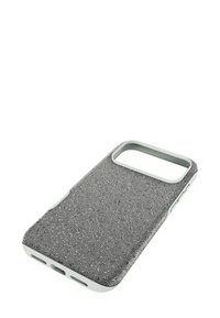 Coque de téléphone portable avec une surface grise texturée présentant un motif tacheté. Bords gris clair et découpes pour les boutons et les ports.