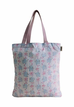 Lavendula színű fogantyújú tote táska, melyet függőleges kék és fehér csíkok díszítenek, valamint apró kék elefántok és rózsaszín cseresznyevirágok mintája.
